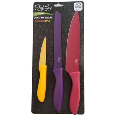 kit jogo de facas coloridas inox 3peças