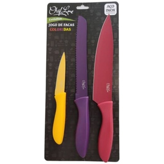 kit jogo de facas coloridas inox 3peças