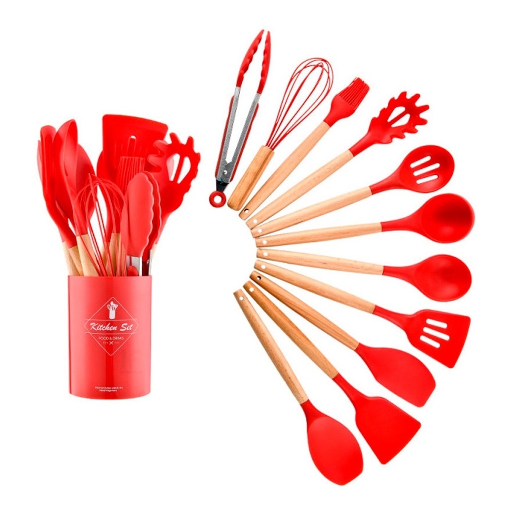 Jogo Kit Colheres De Silicone Cabo De Madeira 12 Peças Utensilios ...