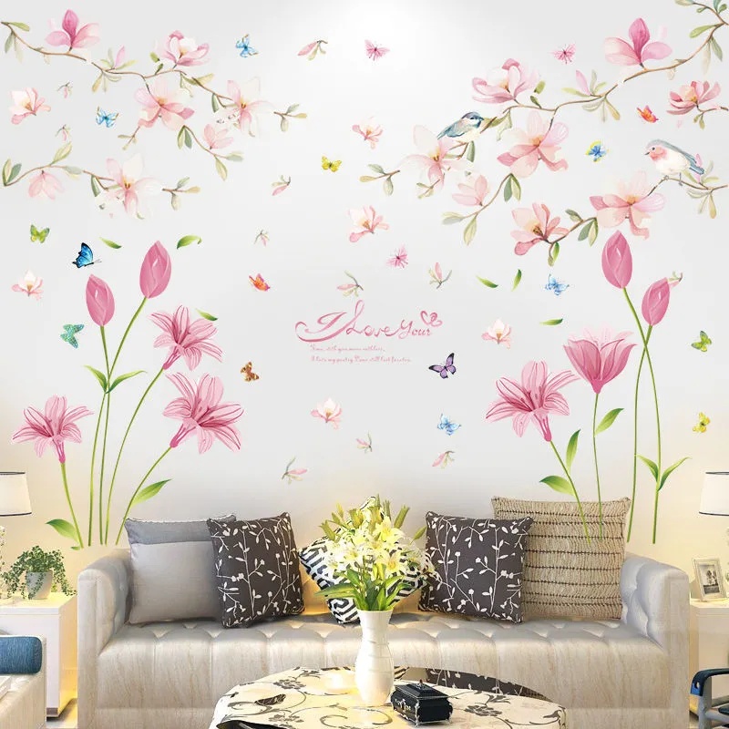 [Design de cinco elefantes] HJ101 Adesivos de parede de flores frescas para quarto, fundo de TV, adesivos de parede auto