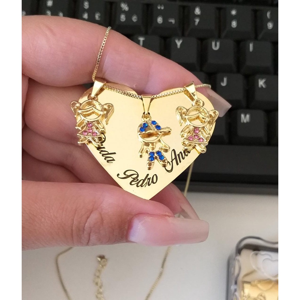 Colar Personalizados Coração Com 3 Nomes Filhos ou Filhas Folheado A Ouro 18k