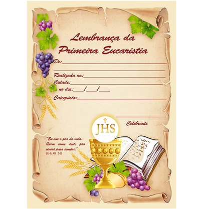 Certificado Lembrança de Primeira Eucaristia 27 cm