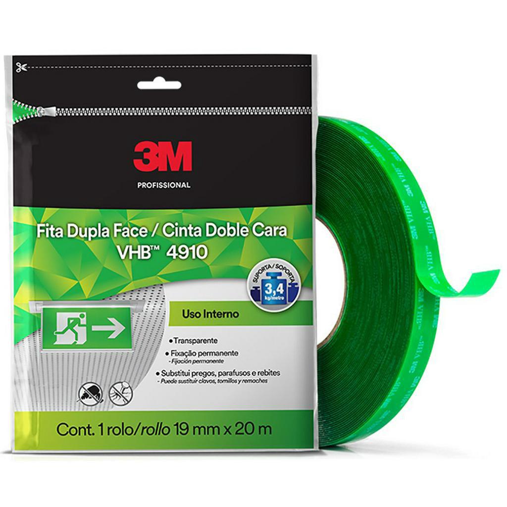 Fita Dupla Face 20 Metros x 19mm VHB Transparente para Uso Interno 3M 4910
