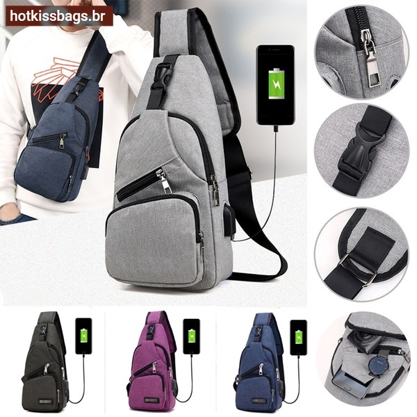 Men Casual Sling Bag Outdoor Travel Chest Shoulder Crossbody  with USB Port