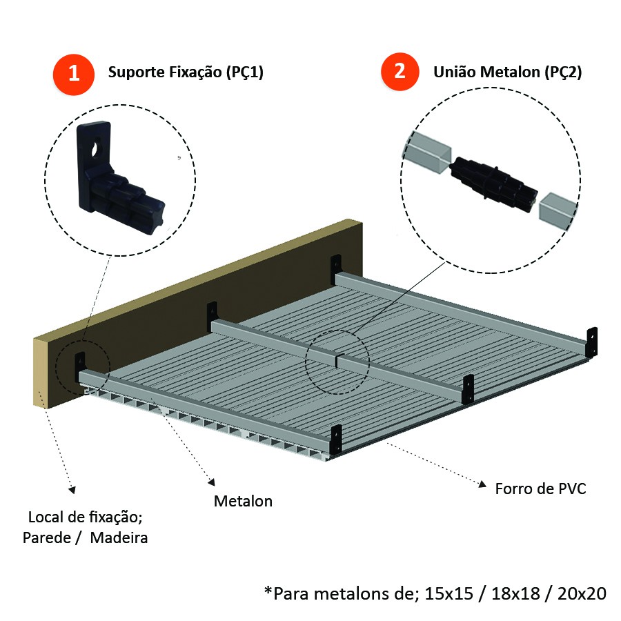 Kit Fixa Forro Pvc - 50 Suporte Fixação + 10 União Metalon*