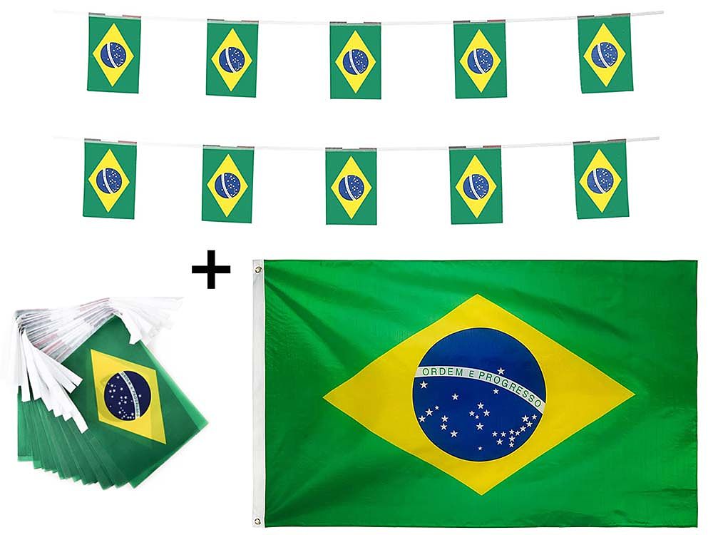Bandeira do Brasil Grande + Bandeirinhas do Brasil em Varal de 5m da Marca Suarez Bandeiras - Cores Nítidas.