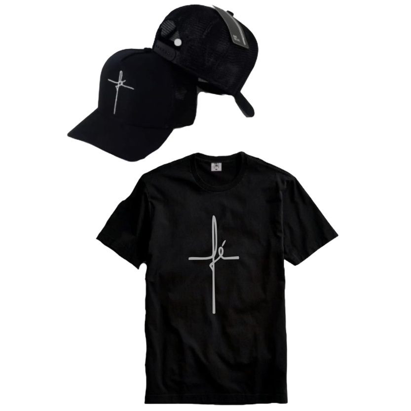 Kit Boné Trucker + Camiseta Camisa Fé Religião Envio Rapido Oferta Relampago