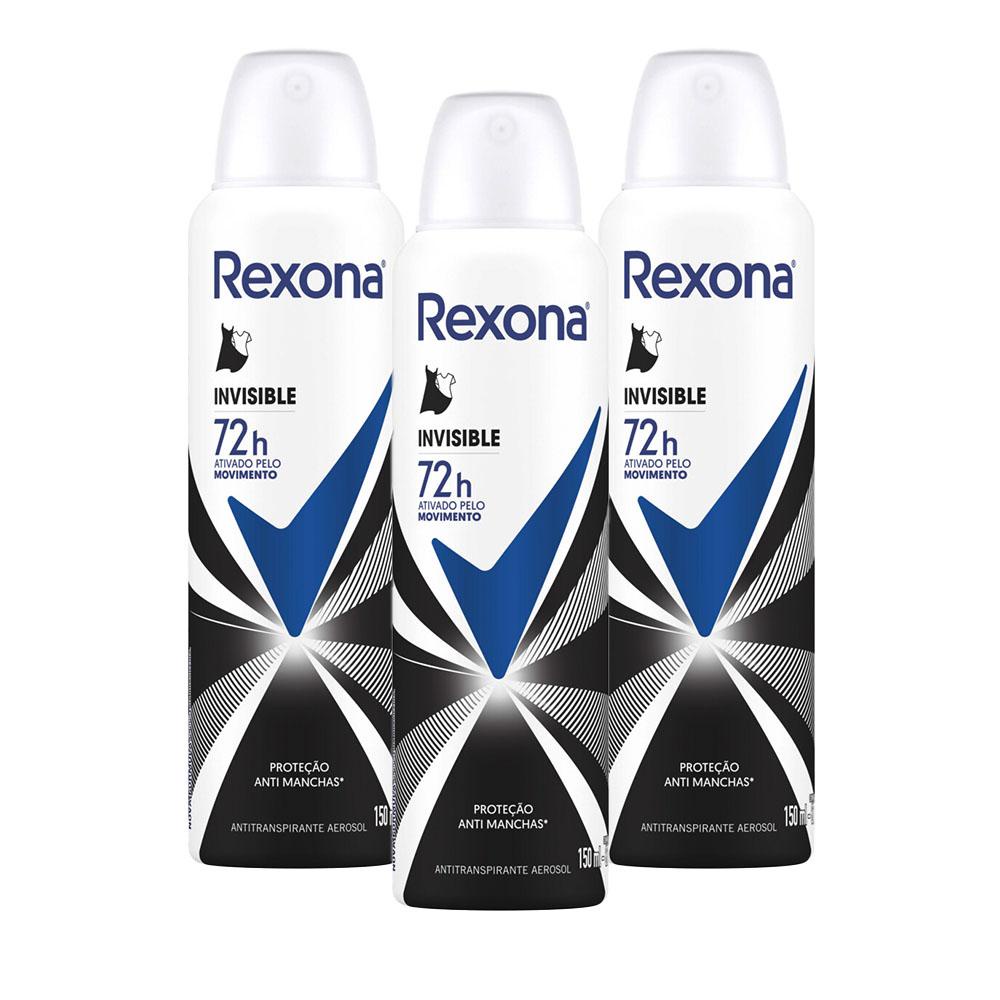 Kit com 3 Desodorantes Antitranspirantes Aerosol Feminino Rexona Invisible 72 horas 150ml em Oferta na Shopee