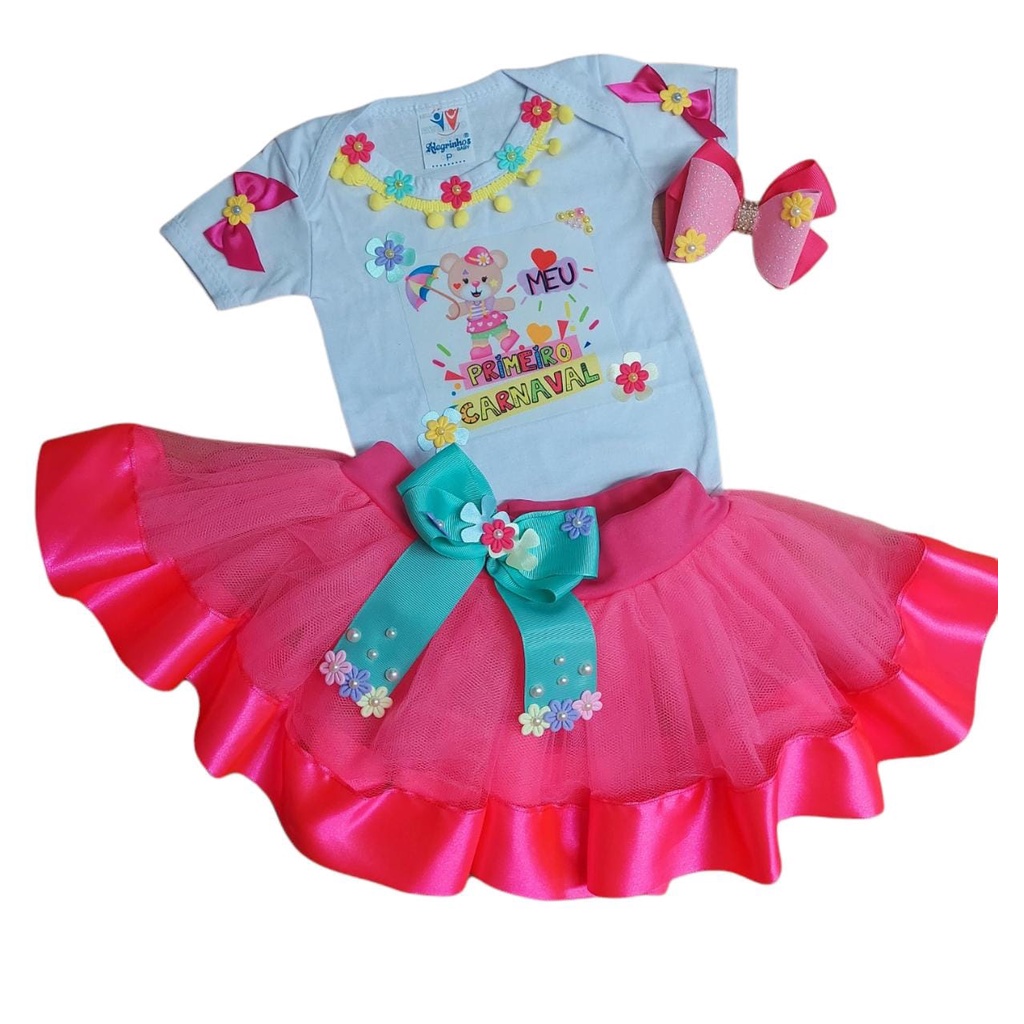 Fantasia Roupa Festa Meu Primeiro Carnaval Infantil Conjunto Body Saia Bebê Menina