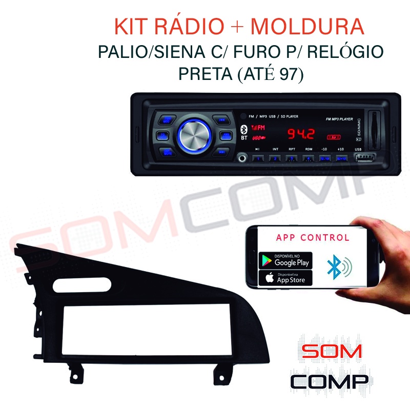 Frente  Fiat PALIO/SIENA C/ FURO P/ RELÓGIO PRETA (ATÉ 97) + Rádio MP3 DOORBEM 1DIN