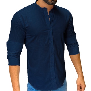 Camisa Social Gola Padre Manga Longa Slim Fit De Algodão