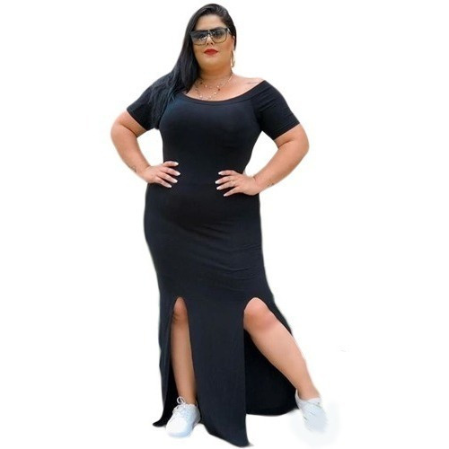 Vestido Longo Decote Canoa  Dupla Fenda Na Perna Plus Size