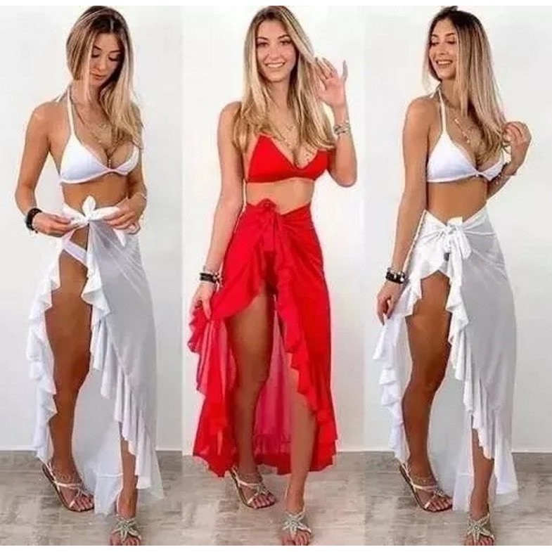 Saída de Praia Pareô Envelope com Babado Feminina Moda Praia Verão Ajustável Várias Cores