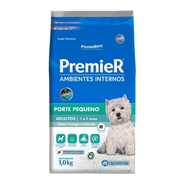 Ração Premier Ambientes Internos para Cães Adultos de Pequeno Porte Sabor Frango e Salmão - 1Kg - Pets