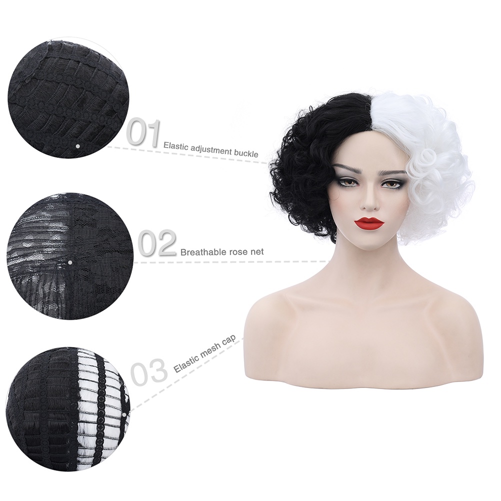 Cosplay Half Black Half White Short Curly Hair Wig Styling Accessories Halloween Shopee Brasil