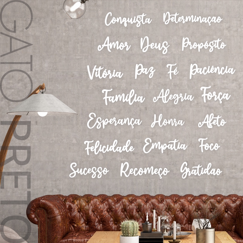 Kit Placa Quadro Decorativo Palavras Gratidão, Amor, Família Madeira MDF Com Fita Dupla Face Adesiva Branco Fosco