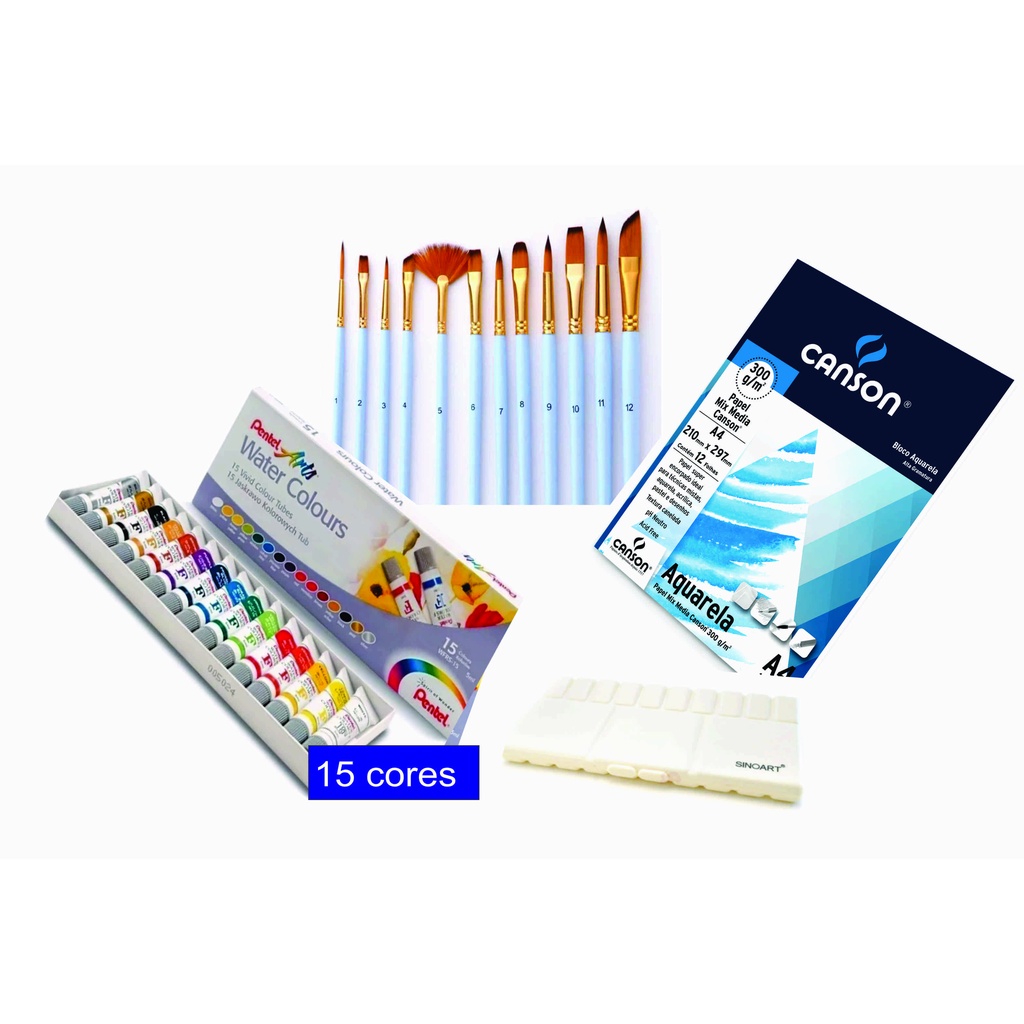 Kit Aquarela Pentel + Pincel + Bloco Papel e Gode em Oferta na Shopee