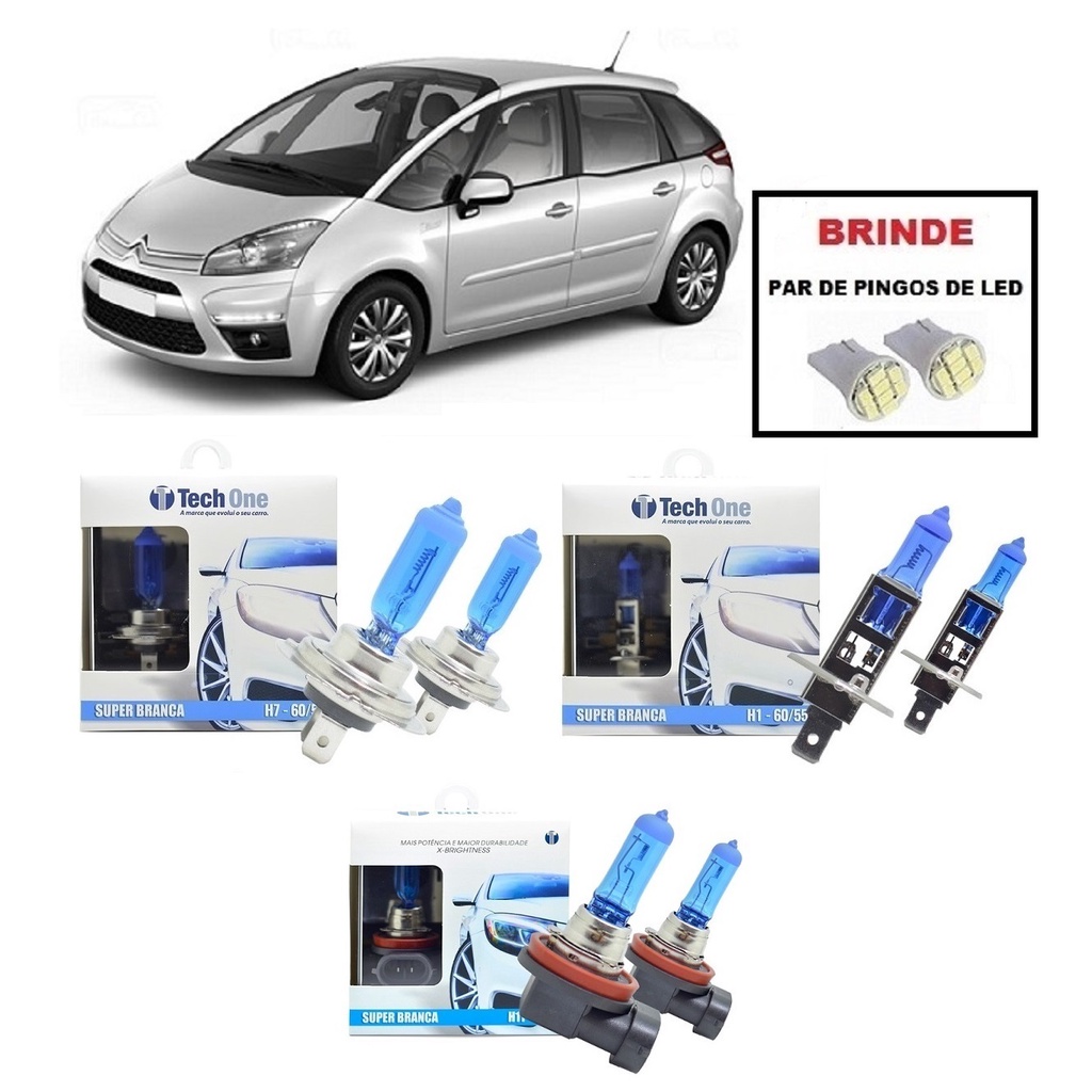 Kit 6 Lampadas Super Brancas para Farol Alto / Baixo e Milha Modelo H7 H1 e H11 com 8500 Kelvins para Citroen C4 Picasso ano 2008 2009 2010 2011 2012 2013