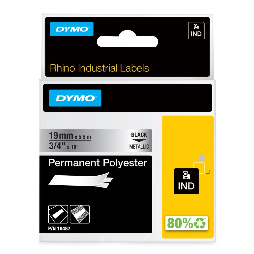 Fita de poliéster DYMO para rotulador RhinoPro (19mm x 5,5m) preto/prata