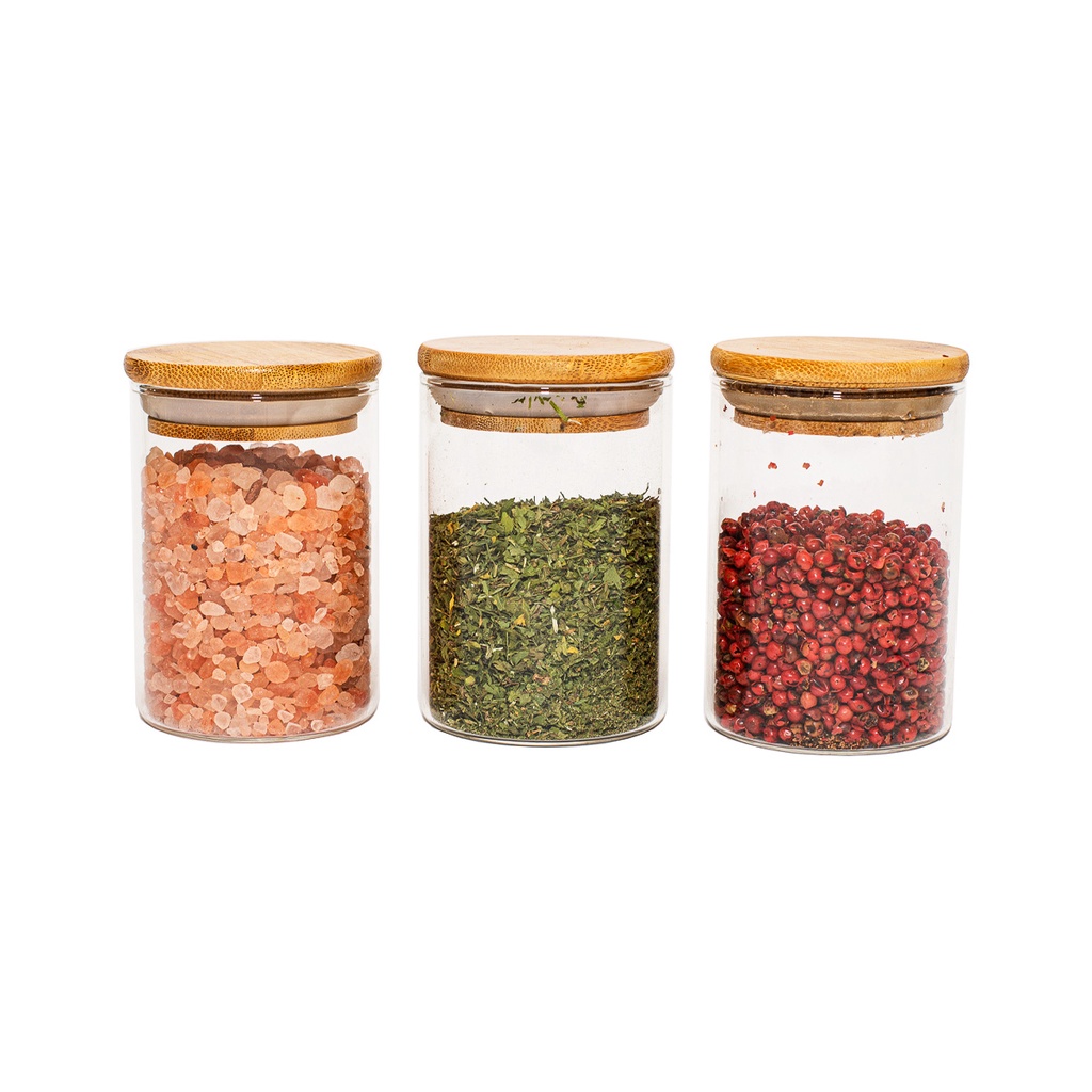 Kit 3 potes de vidro herméticos com tampa de bambu redondos 250ml - Oikos - Home & Living