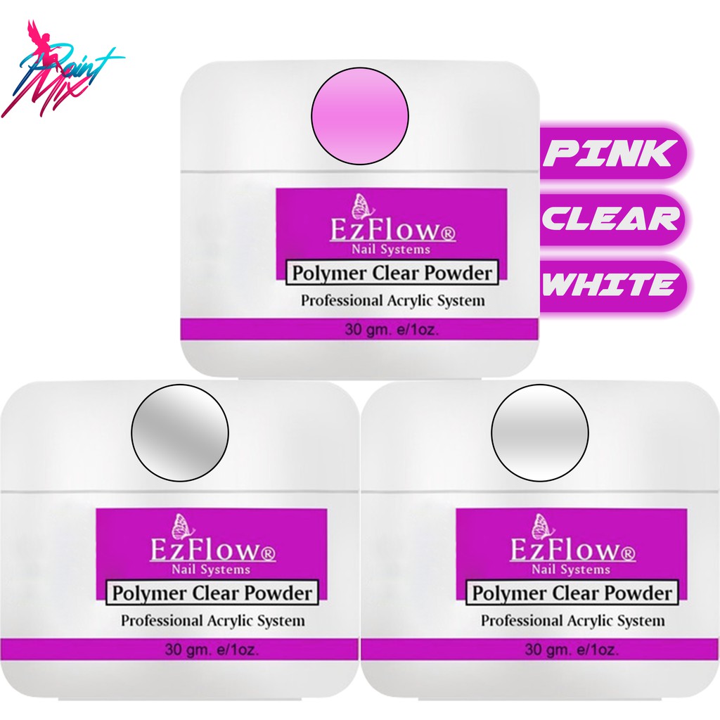 Kit 03 Pó Acrílico Ezflow 30g Unhas Porcelana Clear White Pink