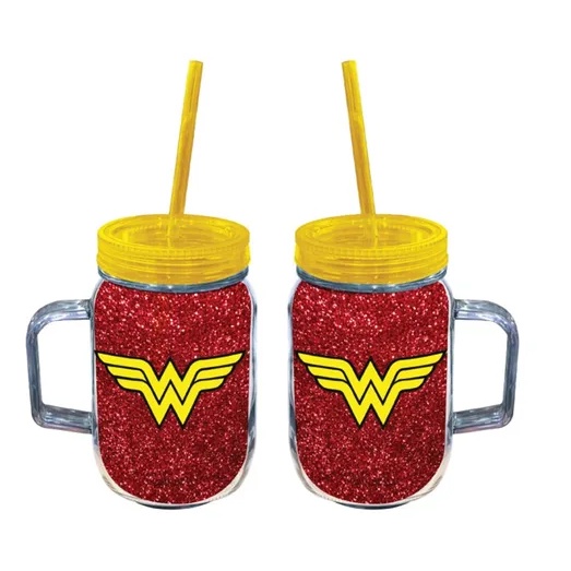 Copo Jarra Acrilico Mulher Maravilha Glitter Logo DC Comics