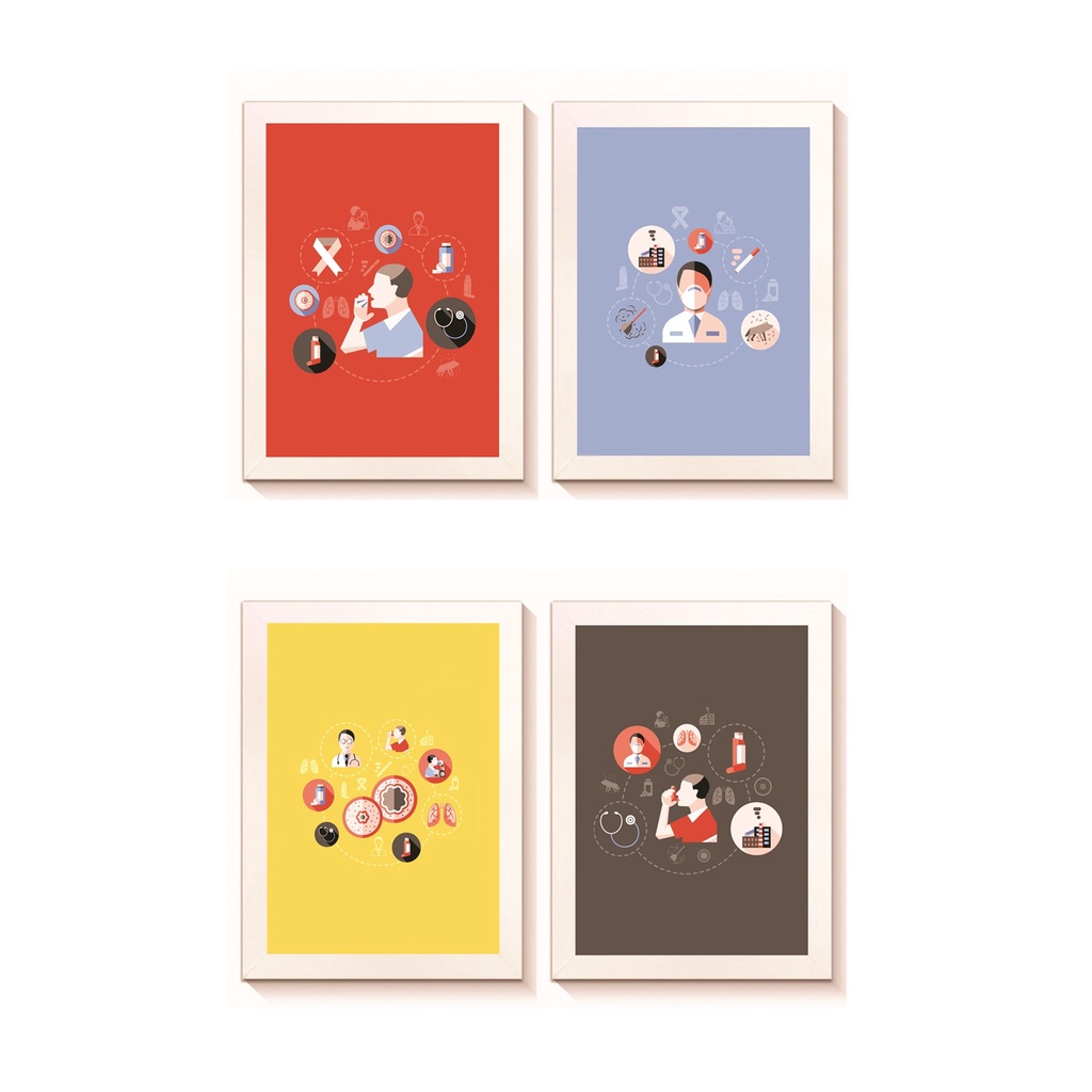 Kit 4 Quadros Decorativos Asma Pneumologia Medicina Consultório Clínica Molduras 20x30cm Madeira Vidro Cor Brancas