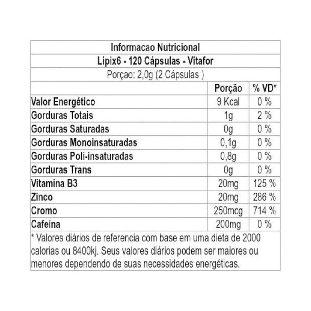 LIPIX 6 - Oleo de Cartamo - Semente de Uva - Cafeina (1000mg) 120 capsulas  - Vitafor | Shopee Brasil