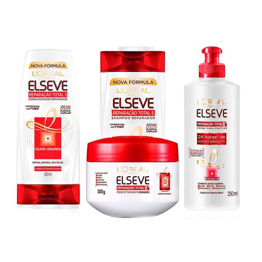 Kit Shampoo 400ml+ Condicionador 400ml+ Creme de pentear 250ml+ Máscara Tratamento 300g Elseve Reparação Total 5