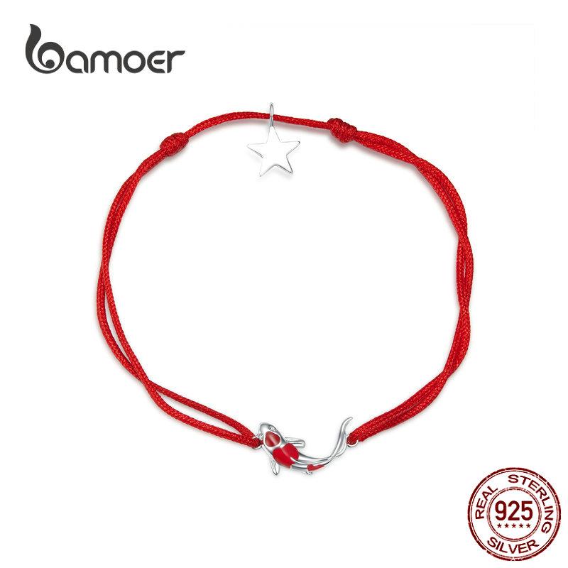 Bamoer 925 Pulseira De Corrente De Prata Esterlina Corda De Peixe Da Sorte Com Amizade Esmaltado