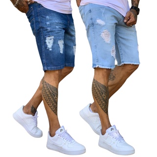 Combo 2 Bermuda Jeans Masculina Rasgada Destroyed Lisa Sem Lycra