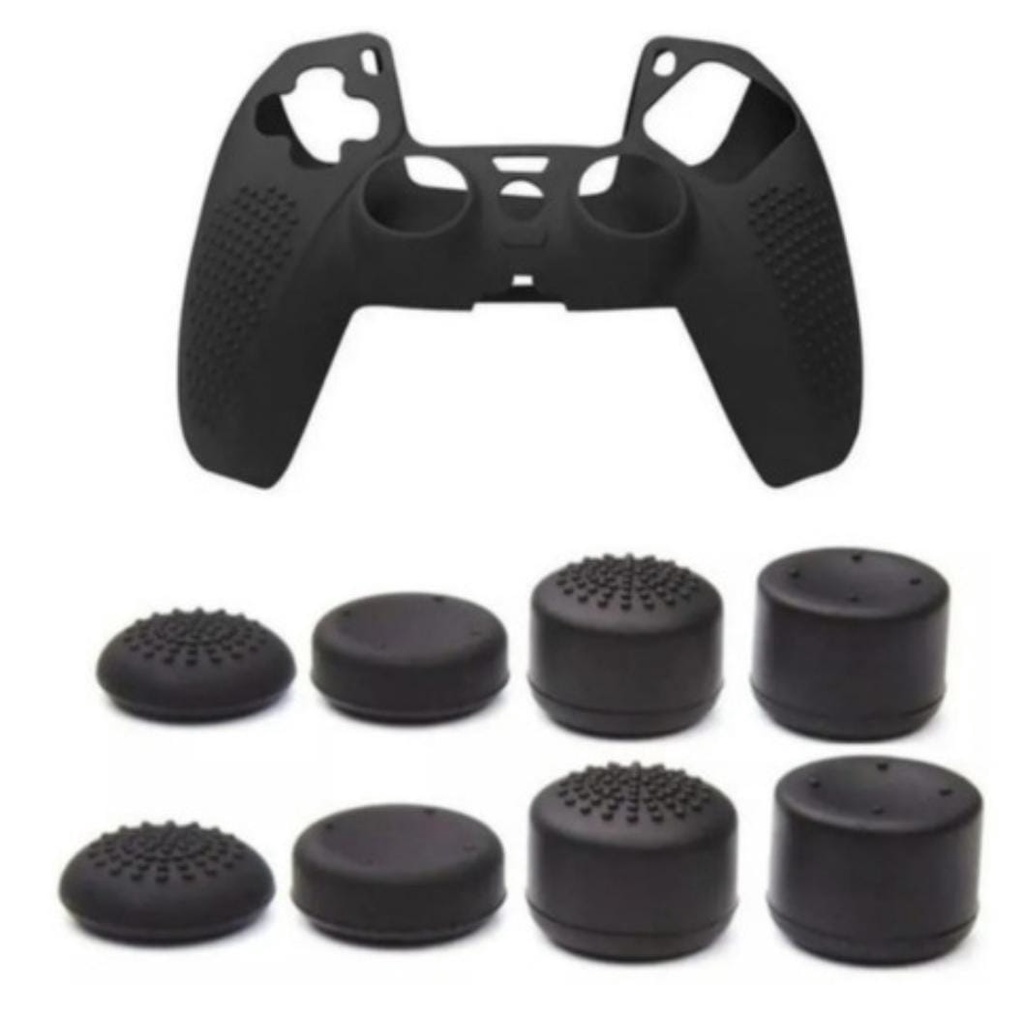 Kit com 8 Grip Extensor Protetor + Capa de Silicone compatível com Controle Joystick Dualsense Playstation 5 Ps5