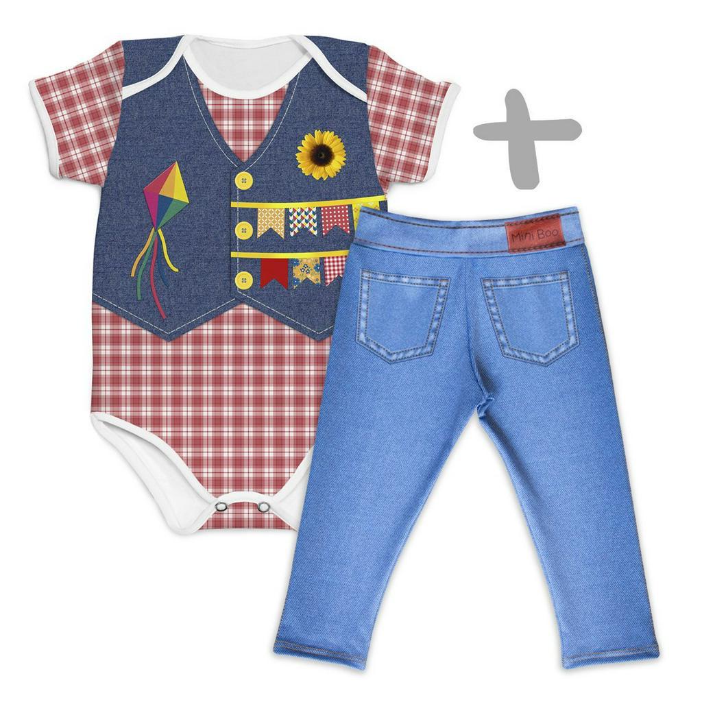 Conjunto Festa Junina Body Bebê Noivo + Jeans MiniBoo Proteção Solar 50+