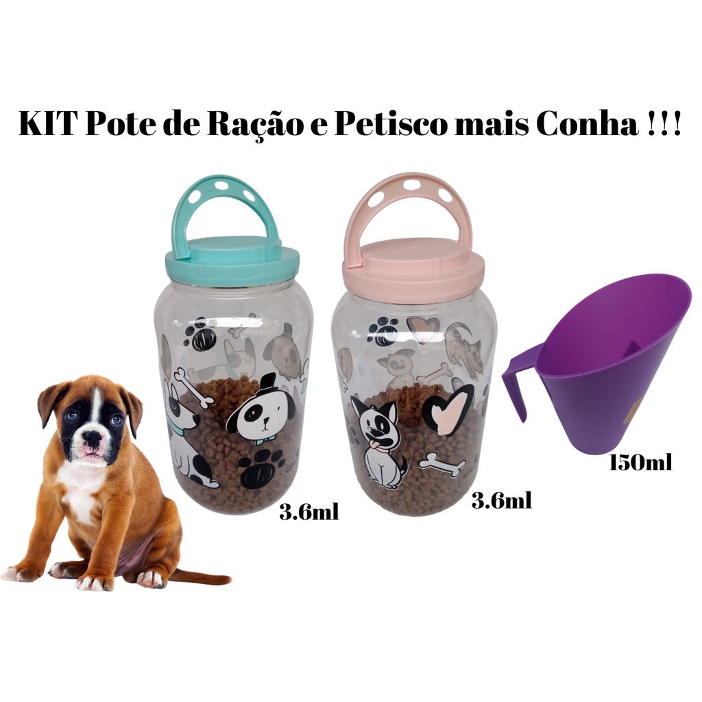 KIT 2 Pote Porta Ração 3.6 + Concha 150ml, Tampa com Rosca e Alça – Original para Cães e Gato p/ Armazenar Ração do seu PET na cor Rosa e Azul Celeste.