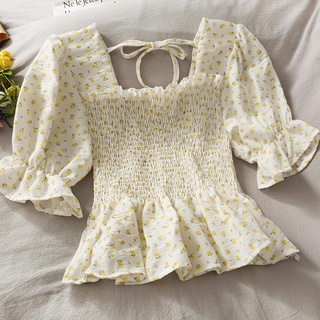 Camisa floral Para O Verão Decote Quadrado Cropped