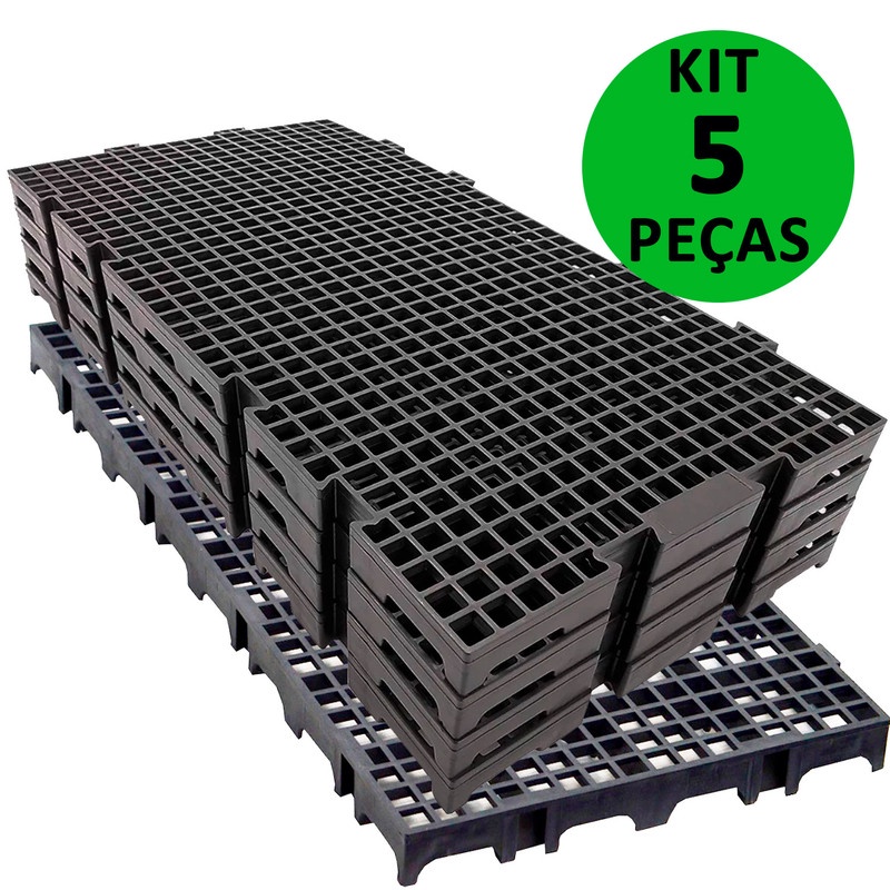 KIT 5 PÇS PALLET ESTRADO DECK MODULAR PLÁSTICO 2,5X25X50 PRETO ACADEMIA CANIL BANHEIRO VESTIARIO