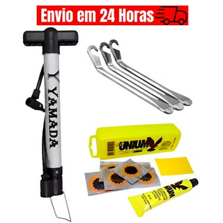 Bomba de Encher Pneu Bike Carro Moto, Estojo de Remendo Unium, Espátulas de Aço