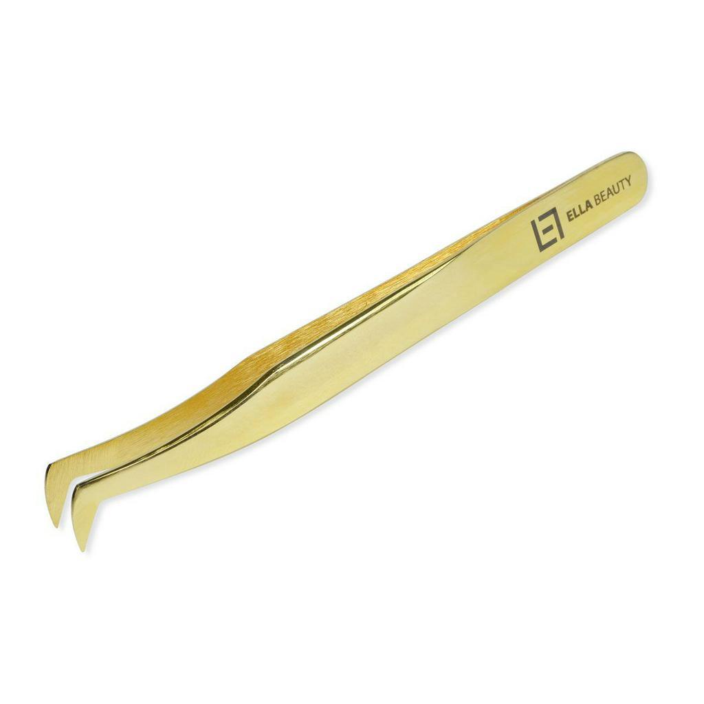 Pinça Ella Beauty Para Alongamento De Cílios Fio A Fio Ponta Curvada Volume Russo Gold Dourado