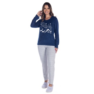 Pijama Feminino Tecido Plush Fechado De Inverno Blusa Manga Longa Estampada E Calca Quentinho em Oferta na Shopee