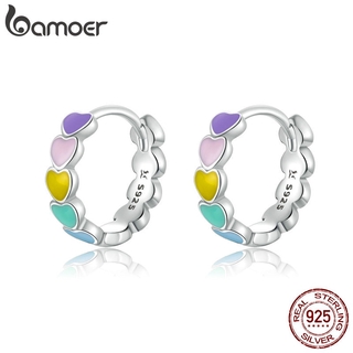 Bamoer 925 Prata Arco-Íris Cor Esmalte Coração Hoop Brincos Para Jóias Femininas SCE909