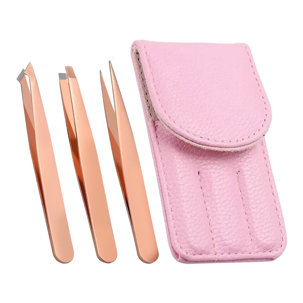 Kit Estojo Couro Pink Designer De Sombracelhas Com 3 Pinças Profissional Rose