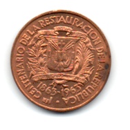 Moeda República Dominicana 1 Centavo Comemorativa (100º Aniversário Restauração da República) 1963 Moeda Estrangeira