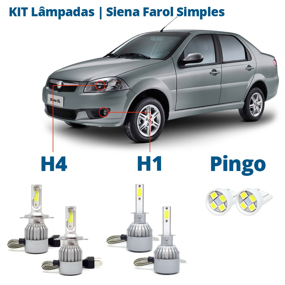 Kit Lampadas Super Led Fiat Siena Farol Simples 2010 2011 2012 2013 2014 2015 2016 H1 H4 Pingo T10 Automotivo 7200 Lumens 6000k Super Branca