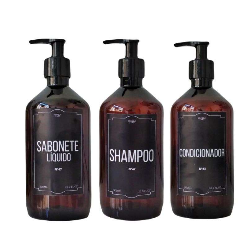 Kit Banho Frasco Âmbar Pet 3pçs  Shampoo Condicionador e Sabonete líquido Dispenser 500ml