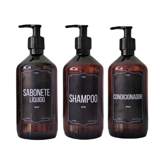 Kit Banho Frasco Âmbar Pet 3pçs  Shampoo Condicionador e Sabonete líquido Dispenser 500ml