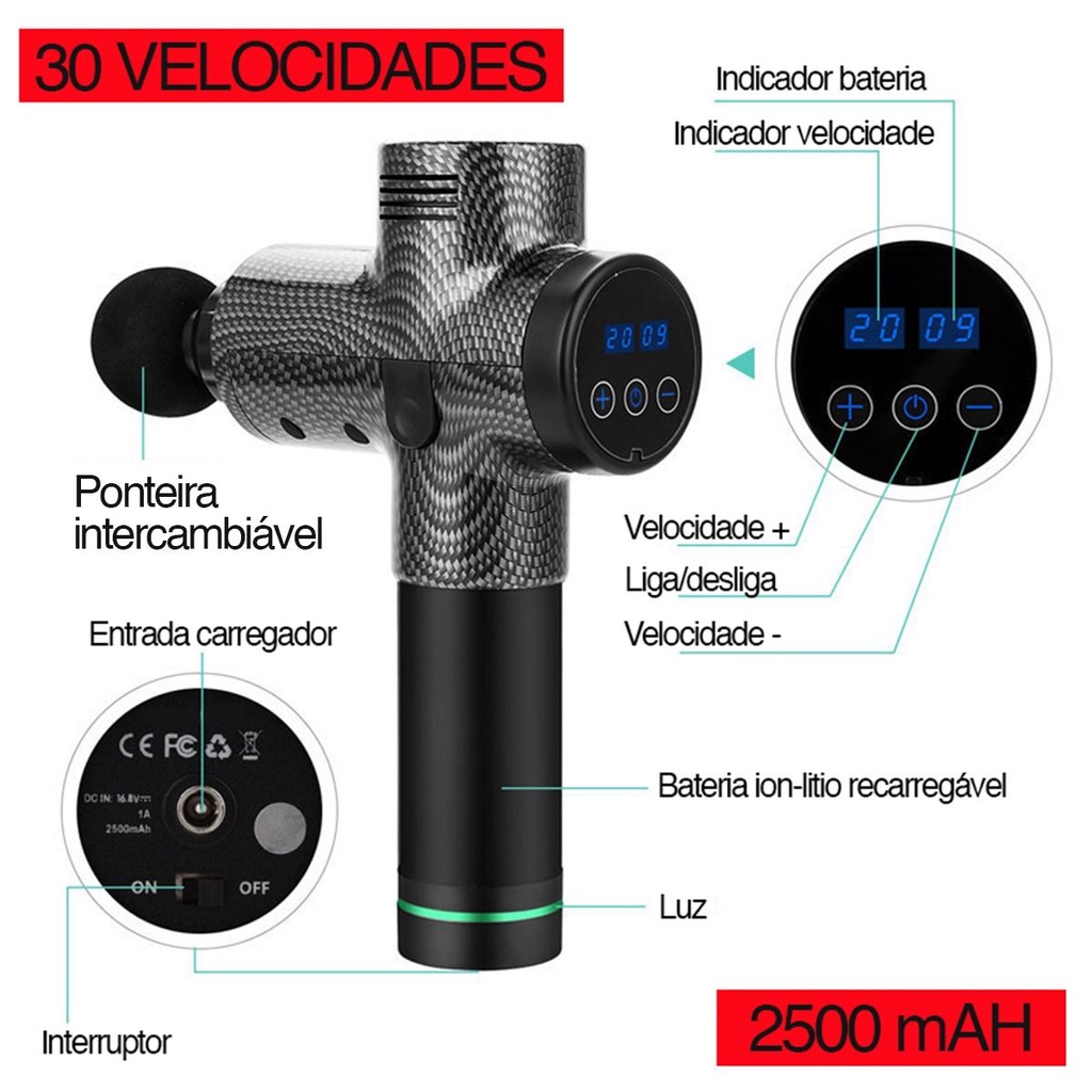 Massageador elétrico portátil Muscular Pistola Profissional 30 Velocidades GT966 Lorben