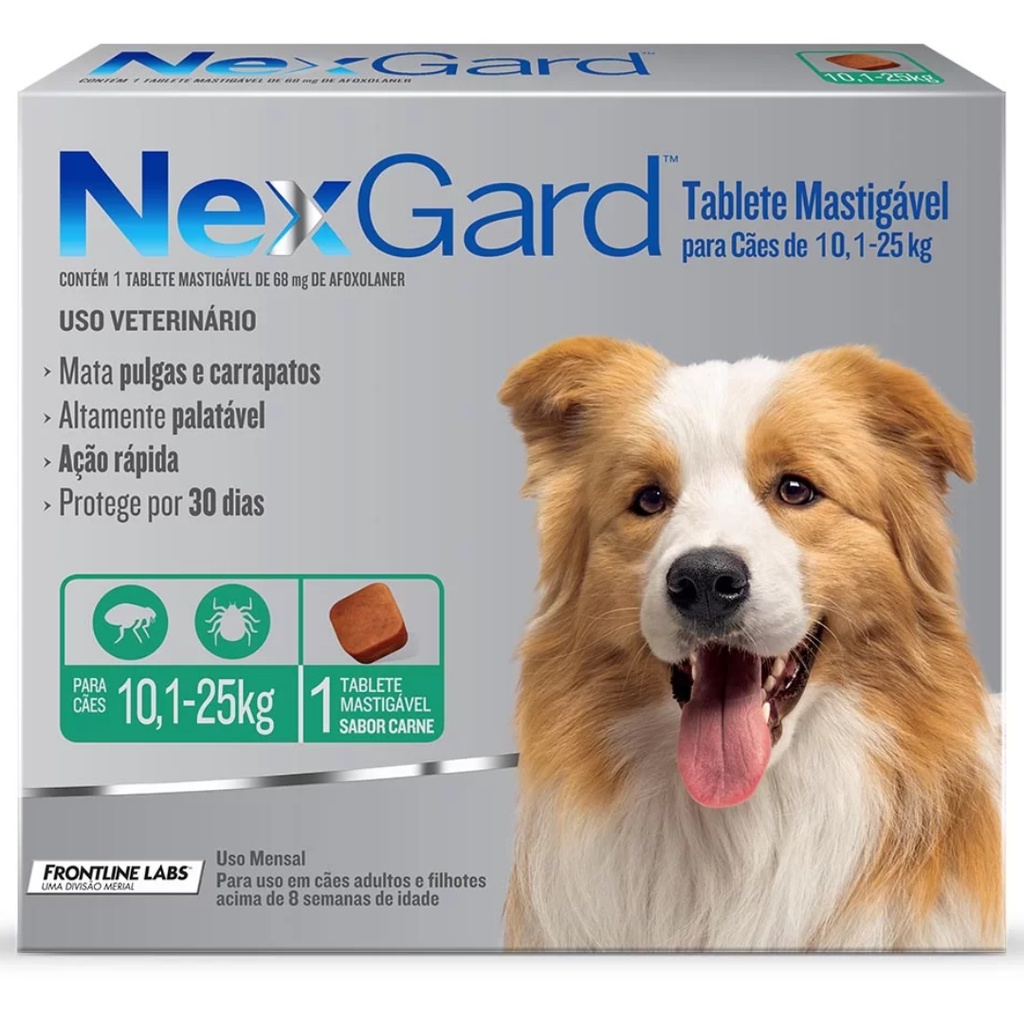 Antipulgas e Carrapatos NexGard 68mg para Cães de 10,1 a 25 Kg Caixa com 1 Tablete - Pets
