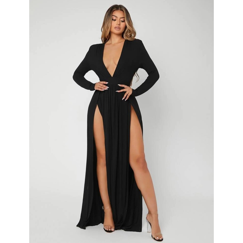 Vestido longo sexy gringo com fenda na lateral manga longa