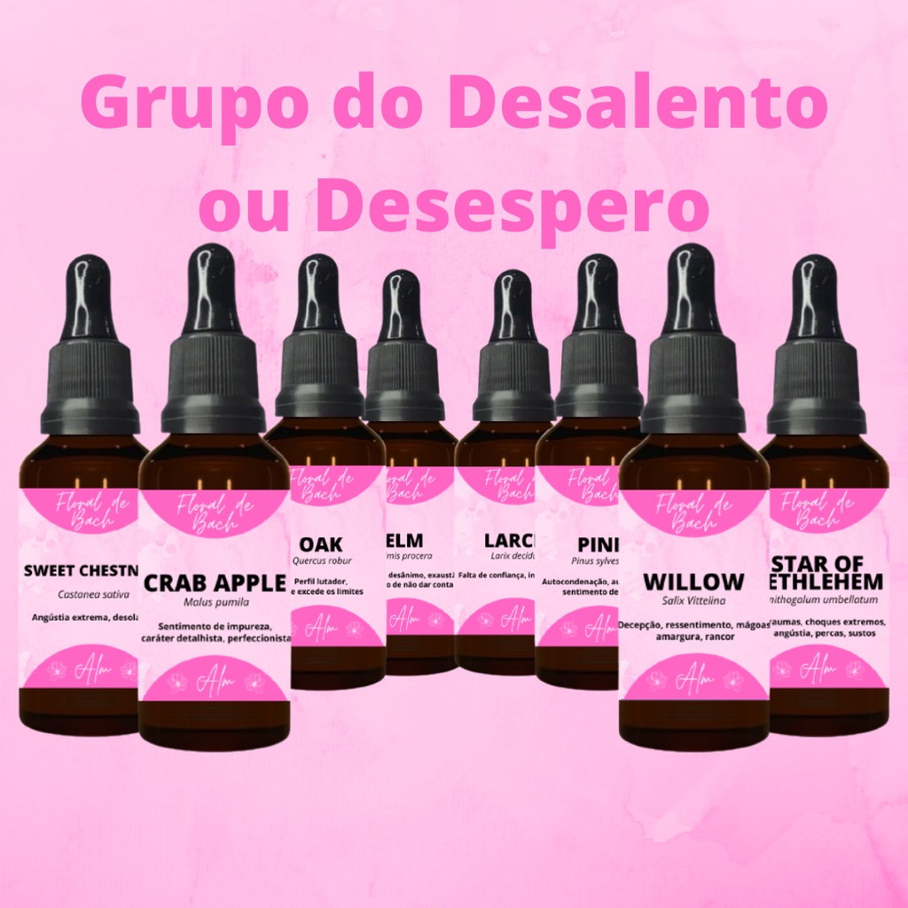 Floral de Bach - Grupo do Desalento ou Desespero: Crab Apple, Elm, Larh, Oak, Pine, Star of Bethlehem, Sweet Chestnut, Willow  - ALM Florais