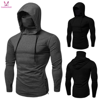 Men Hipster Long Sleeve Longline Pullover Hoodies Shirts Tight Workout Clothes Hooded T-Shirt For Fitness